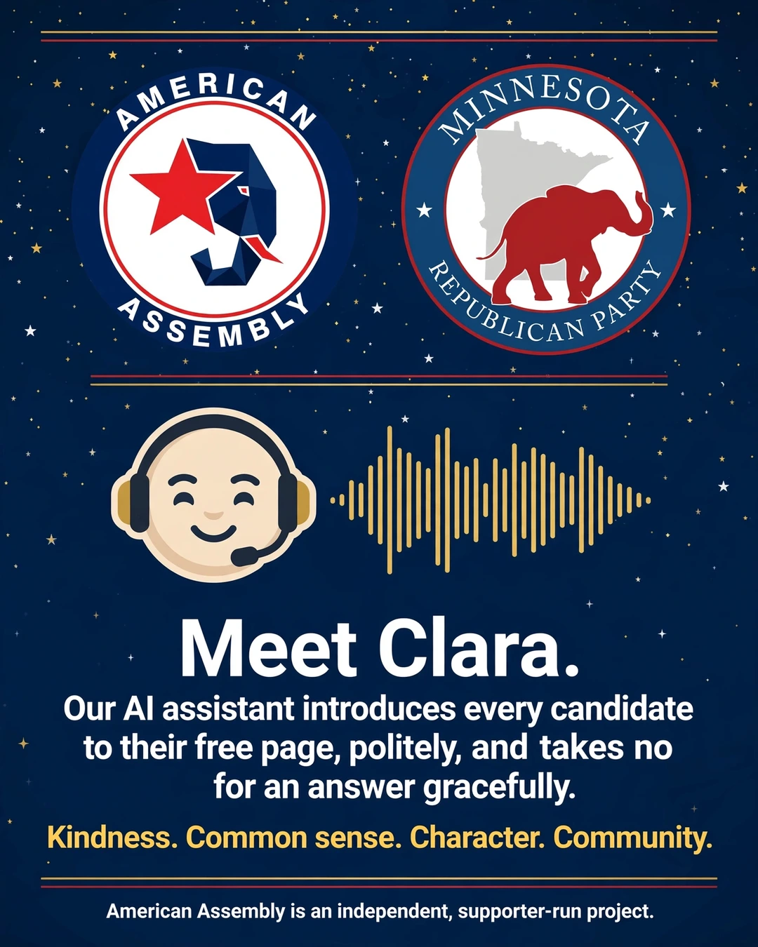 Graphic: Meet Clara, the American Assembly AI assistant, with American Assembly and Minnesota Republican Party marks
